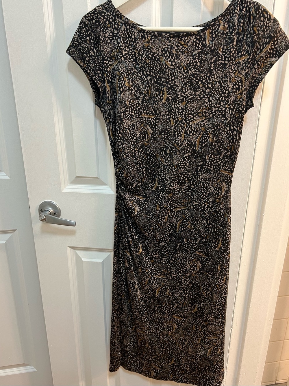 Diane Von Furstenberg Black Printed Cap-Sleeve Midi Dress with Tan Accents